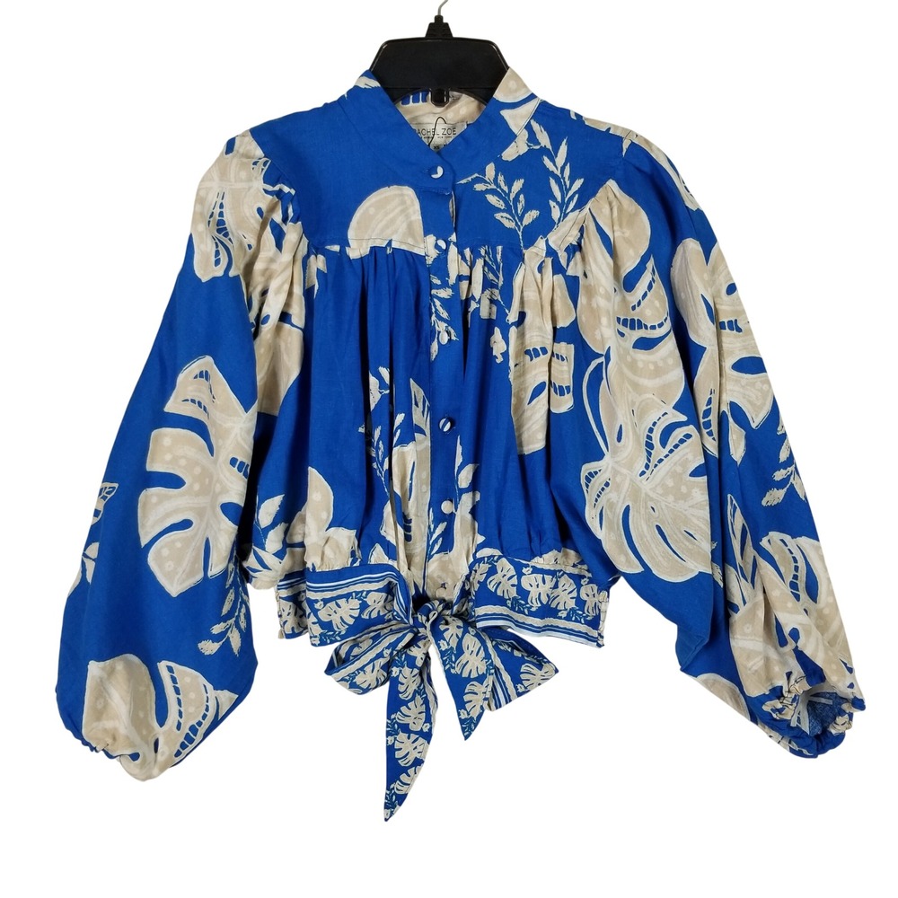 Rachel Zoe Blouse Women XS Blue Monstera Tropical Linen Blend Tie Front Balloon
